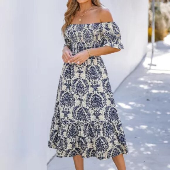 Cupshe Moss and Navy Off Shoulder Smocked Midi Dress